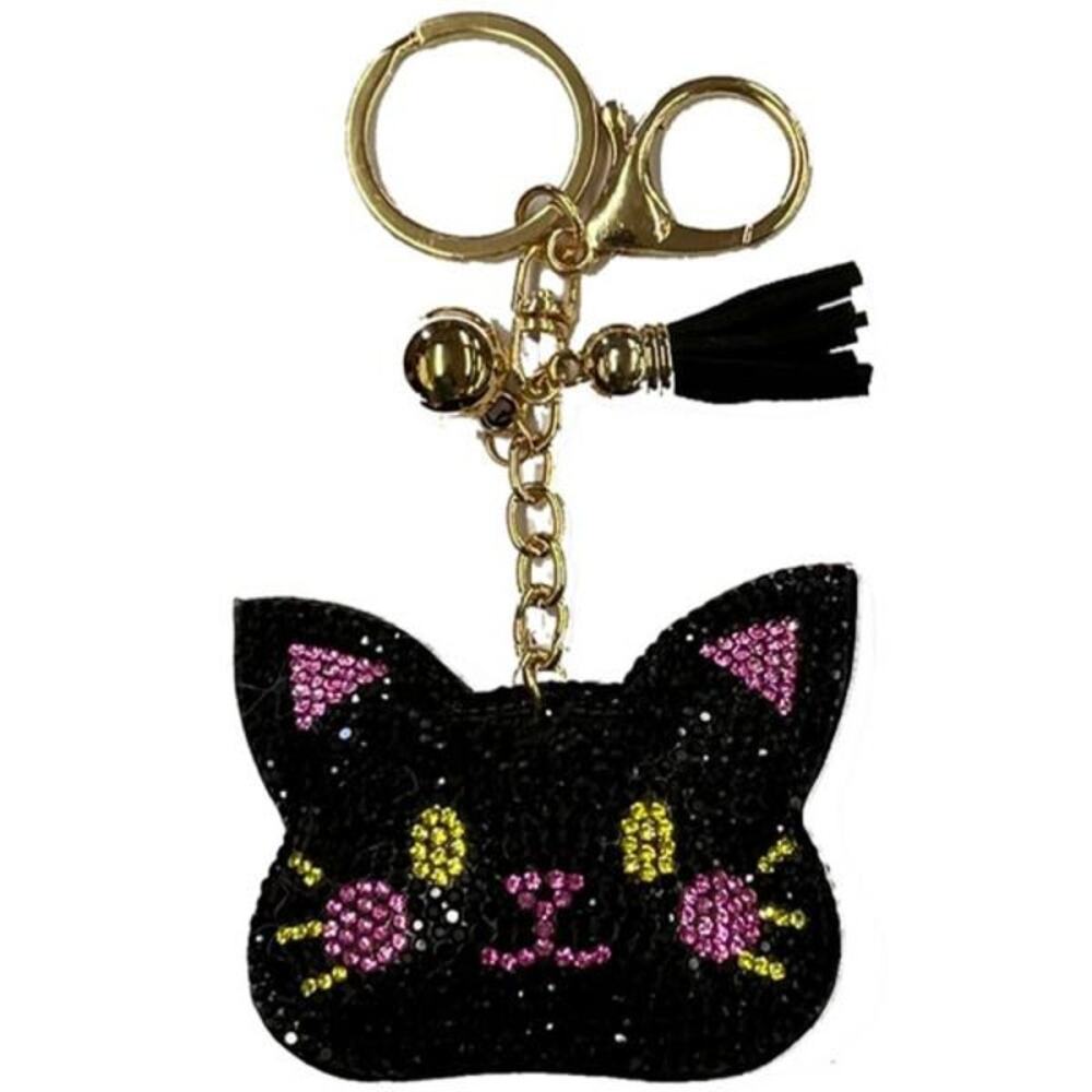 Rhinestone Black Cat Face Keychain Bag Charm With Tassel